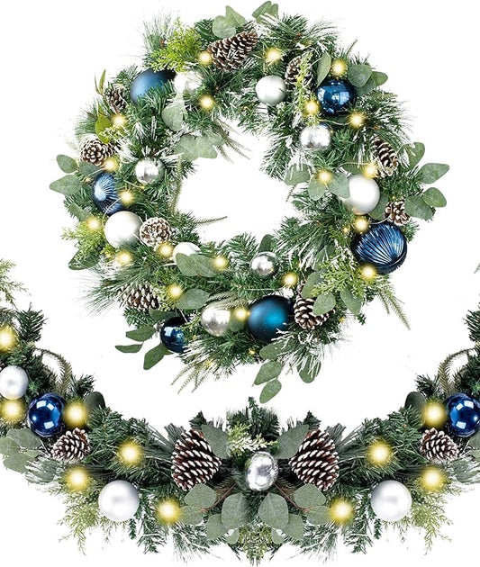 WANNA-CUL Pre-Lit 30 Inch Large Christmas Wreath for Front Door with 50 Led Lights, Silver Blue Lighted Christmas Door Wreath Decor with Ball Ornaments,Pine Cones, Battery Operated