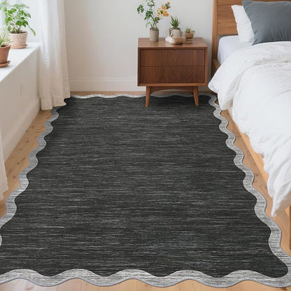GarveeHome Scalloped Area Rug 4x6 - Washable Boho Bordered Non-Slip Entryway Rug, Neutral Farmhouse Living Room Rug Soft Throw Rugs for Entrance Hallway Bedroom Kitchen Nursery, Black