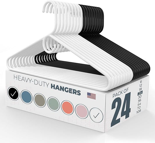 Neaties Heavy Duty Clothes Hangers 20 Pack (24 Count) – Made in The USA – 8lb Capacity Plastic Hangers for Adult Clothing – Durable for Pants, Coats, Jackets, or Jeans – White & Black