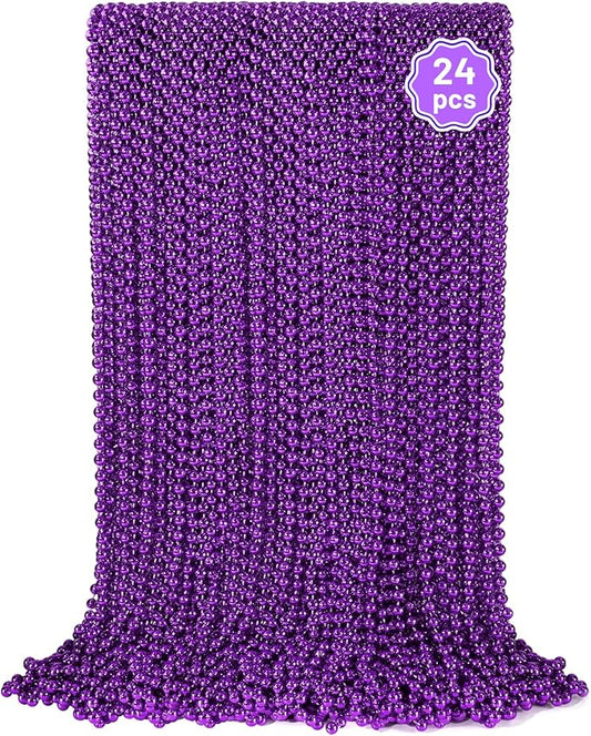 YAXINRUI 24 PCS Purple Mardi Gras Beads, Halloween Beads, 33 Inch Round Beaded Necklace, Costume Necklaces for Mardi Gras, Christmas, Halloween, Party Favors