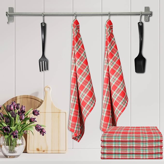 Christmas Kitchen Towels Set of 6, Soft Premium Cotton Highly Absorbent Towels 18x28 Inches, Washable & Reusable, Quick Drying Dish Cloths with Mitered Corner - Red/Green/White, Checks