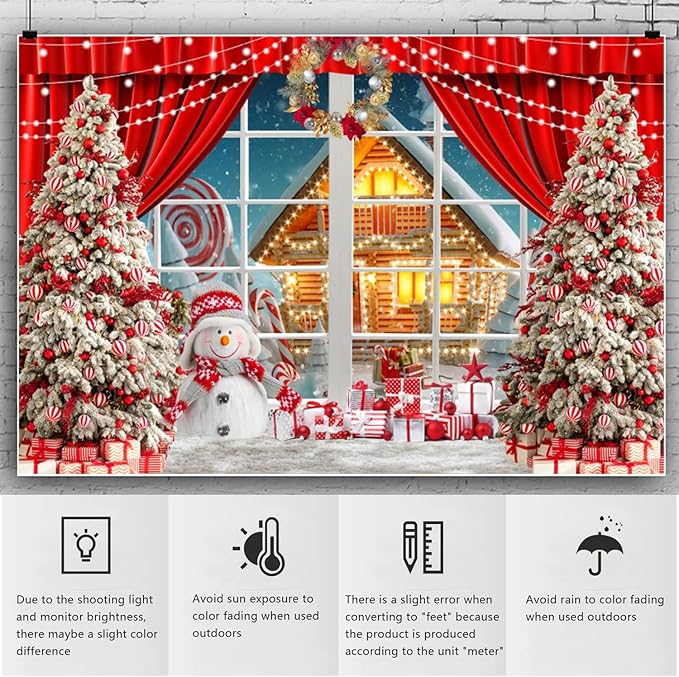 YongFoto Merry Christmas Backdrop 7x5ft Snowman Window View Snowy Town Xmas Tree Photography Background 2026 New Year Family Winter Holiday Party Banner Portrait Photoshoot Wallpaper Photo Booth
