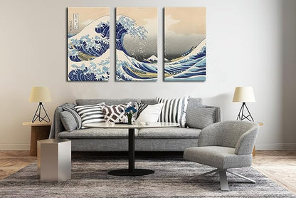 The Great Wave off Kanagawa (Triptych), Katsushika Hoki Wall Art Decor, Classic Painting Abstract Seascape Canvas Print Pictures, Modern Japanese Artwork for Living Room Decoration - 12"x24"x3 Pcs