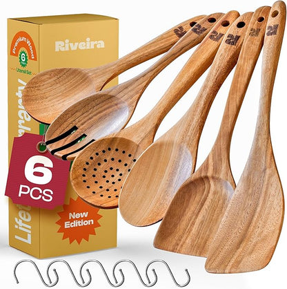 Riveira's 6-Piece Kitchen Essentials - Wooden Spoons for Cooking and Comprehensive Cooking Utensils Set