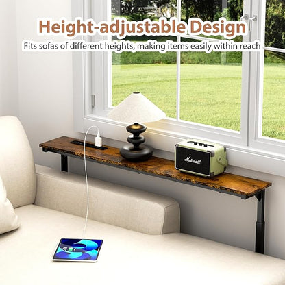 GRLEAF 45" Adjustable Height Narrow Console Table with Power Outlets, Long Sofa Table with Charging Station Behind Couch Table Skinny Entryway Table for Living Room, Hallway and Office – Rustic Brown