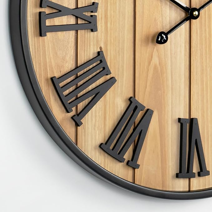 Large Wall Clock 16IN, Silent Metal Wood Style Wall Clocks Battery Operated for Living Room Decor, Farmhouse Big Wall Clock, Outdoor