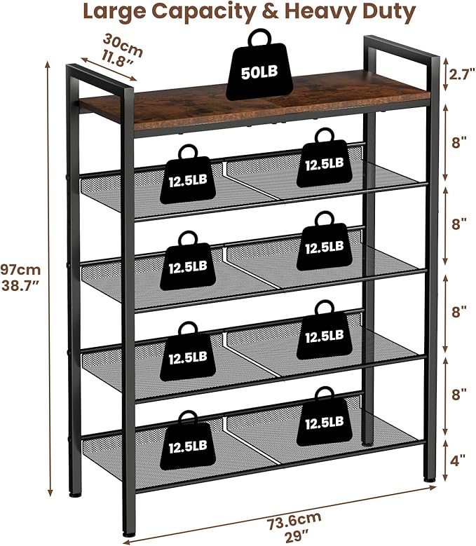 5 Tier Shoe Rack for Front Door Entrance, Shoe Rack for Entryway, Metal Shoe Organizer Heavy Duty with Wooden Top & Adjustable Mesh Shelves, Shoe Storage for Closet Bedroom Bathroom Dorm Garage