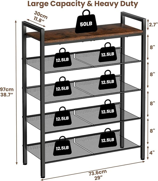 5 Tier Shoe Rack for Front Door Entrance, Shoe Rack for Entryway, Metal Shoe Organizer Heavy Duty with Wooden Top & Adjustable Mesh Shelves, Shoe Storage for Closet Bedroom Bathroom Dorm Garage