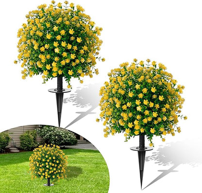 23" Artificial Topiary Boxwood Ball Trees with Ground Spike, Set of 2, UV Resistant Fake Bushes Plants with Camellia Flowers, Faux Cedar Balls Shrubs for Outdoor Indoor Front Porch Garden Decor