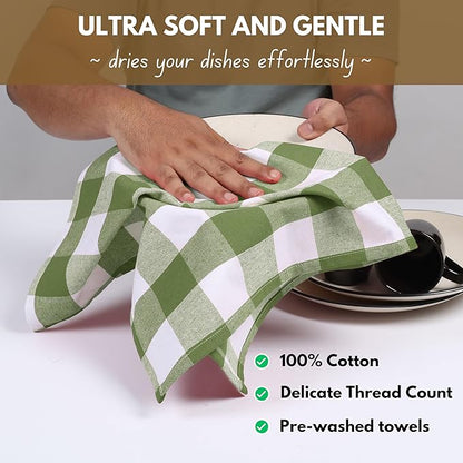 Native Fab Buffalo Check Kitchen Dish Towels, 16"x26", 12 Pack - 100% Cotton Plaid Washcloths - Absorbent Dish Cloths Set, Cleaning Hand Towels with Hanging Loop - Mini Green White