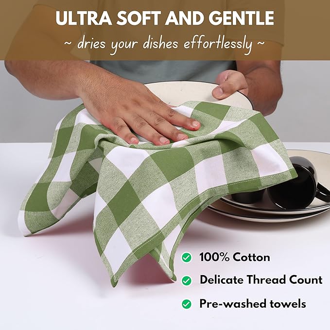 Native Fab Buffalo Check Kitchen Dish Towels, 16"x26", 6 Pack - 100% Cotton Plaid Washcloths - Absorbent Dish Cloths Set, Cleaning Hand Towels with Hanging Loop - Mint Green White