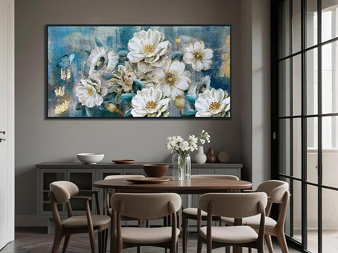 Arjun Large Black Framed Flower Canvas Wall Art for Living Room White Modern Painting for Bedroom Textured Gold Foil Turquoise Picture Floral Teal Artwork Bathroom Home Office Decor, 40"x20"