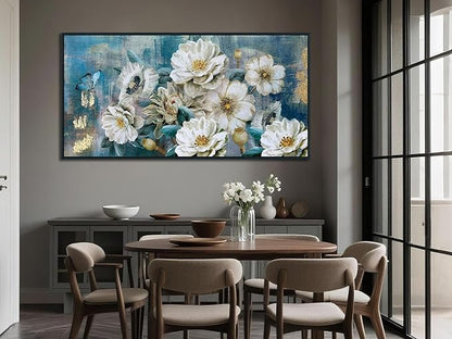 Arjun Large Black Framed Flower Canvas Wall Art for Living Room White Modern Painting for Bedroom Textured Gold Foil Turquoise Picture Floral Teal Artwork Bathroom Home Office Decor, 40"x20"