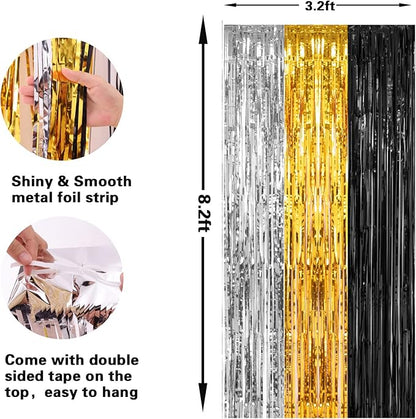 2 Pack 3.2x8.2 Feet Silver Black and Gold Tinsel Foil Fringe Curtains Streamers Backdrop for Bridal Baby Shower Wedding Engagement Birthday Graduation Bachelorette Holiday Party Decorations