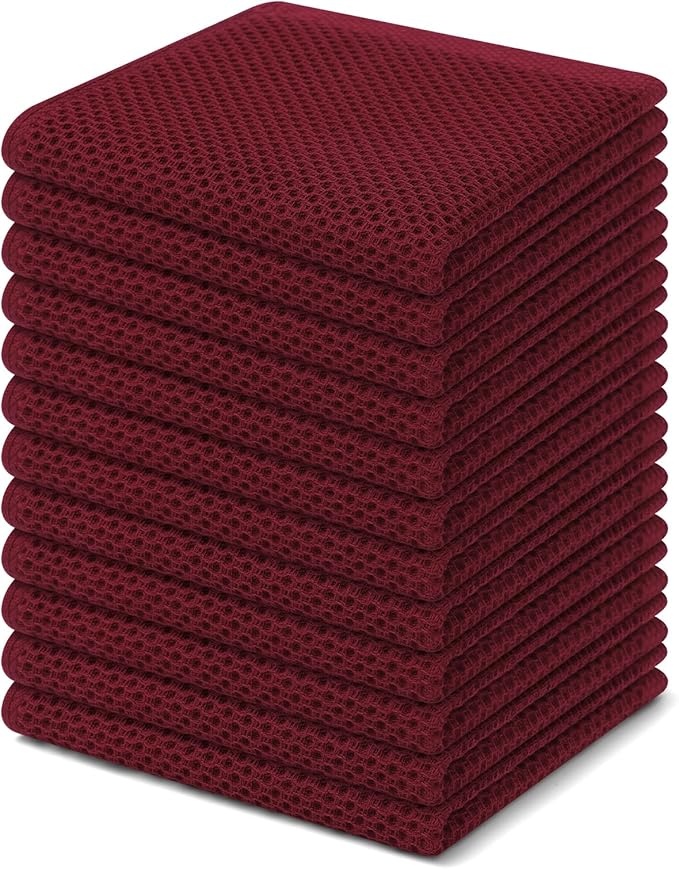 Kitinjoy 100% Cotton Kitchen Dish Cloths, 12 Pack Waffle Weave Ultra Soft Absorbent Dish Towels for Drying Dishes Quick Drying Kitchen Towels Dish Rags, 12 X 12 Inches, Burgundy