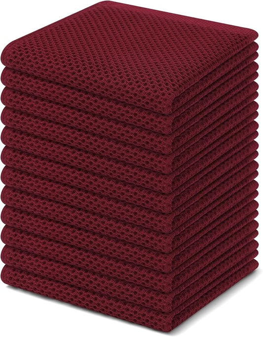 Kitinjoy 100% Cotton Kitchen Dish Cloths, 12 Pack Waffle Weave Ultra Soft Absorbent Dish Towels for Drying Dishes Quick Drying Kitchen Towels Dish Rags, 12 X 12 Inches, Burgundy