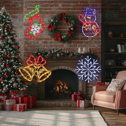 16" Christmas Window Silhouette Lights Decorations - 4 Pack Colour Lighted Snowman ＆ Christmas Stocking ＆ Bell＆ Snowflake for Holiday Wall Door Window Decorate