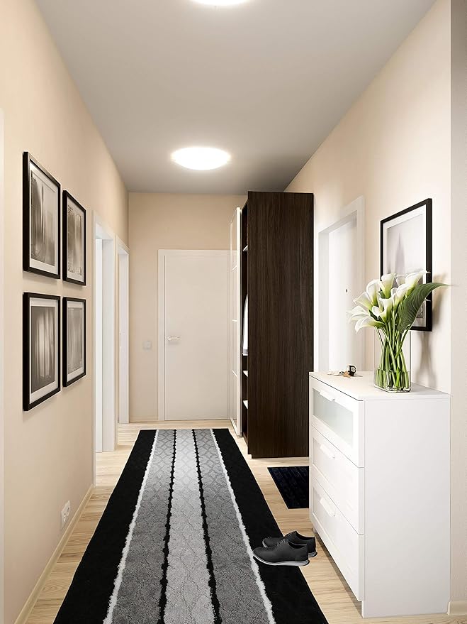 Custom Size Damask Hallway Runner Rug Slip Resistant, 26 Inch Wide x Your Choice of Length Size, Black, 26 Inch X 14 Feet, Sold and Priced Per Foot