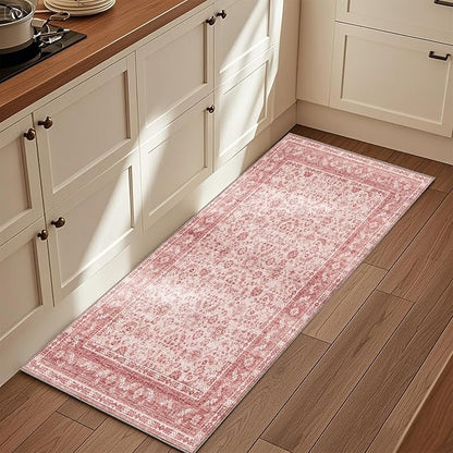 OPPODREAM Thin Vintage Pink 2x6 Runner Rug, 2 x 6 Retro Washable Rug Non Slip, Low-Pile Faux Wool Carpet, Distressed Floor Mat for Kitchen, Hallway, Entry-Way, Entrance, Indoor Back Door
