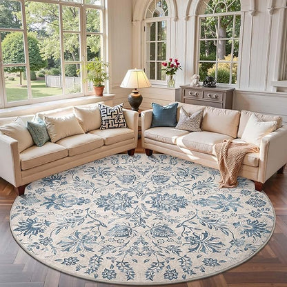 jinchan Classic Floral Round Rug 8ft, Vintage-Inspired Design 8’Circle Rug, Machine Washable Ultra-Thin Low-Pile Non-Slip Indoor Carpet for Bedroom Dining Room Living Room, Dark Blue