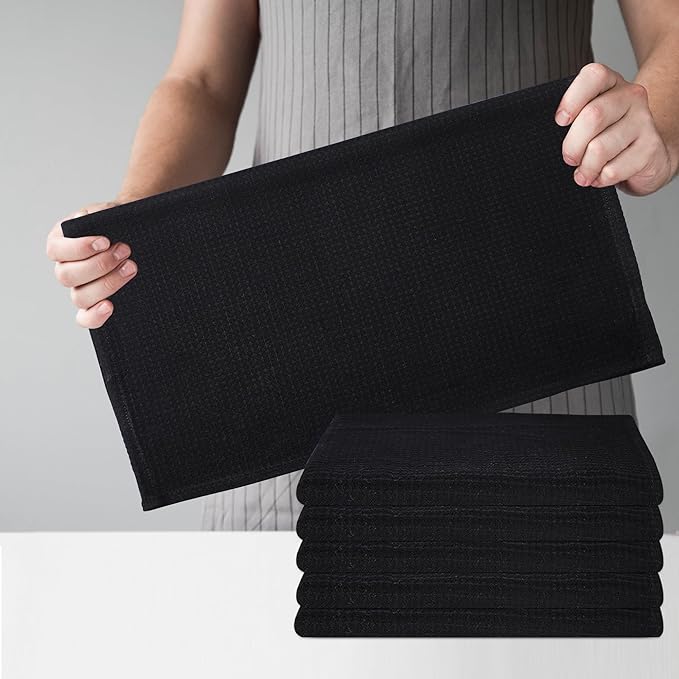 Kitchen Towels Set of 6 Soft Premium Cotton Highly Absorbent Dish Towels 18x28 Inches, Washable & Reusable Tea Towel, Quick Drying Dish Cloths with Hanging Loop - Black Solid
