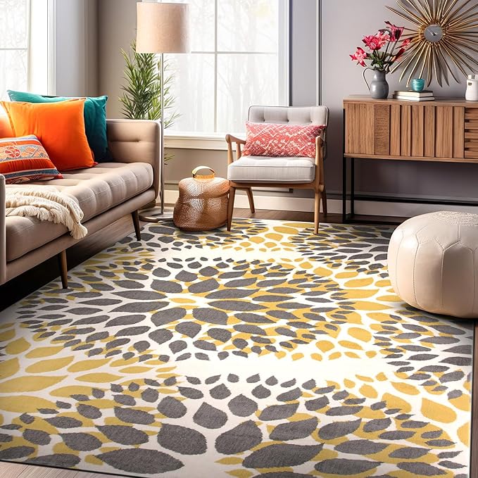 Rugshop Modern Yellow Floral Circles Design Area Rug – Elegant Non-Shedding, 10' x 14' for Living Room, Bedroom, Dining Room, Kitchen