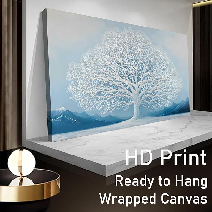 Trogonup White Tree of Life Wall Art for Bedroom Large Blue Landscape Mountain Artwork for Living Room Office Home Kitchen Modern Canvas Prints Ready to Hang 29x58 Inches