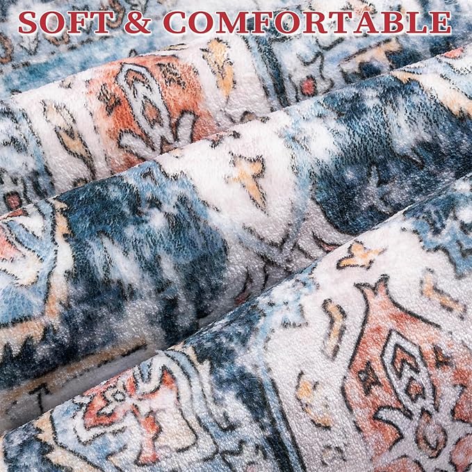 SERISSA 4x6 Boho Rug, Vintage Washable Non Slip Area Rug, Blue/Orange, 4' x 6' (Rectangular), Low Pile, Machine Made, Polyester