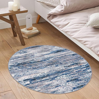 3' Washable Round Rug for Entryway, Navy Blue Gray Neutral Multi Soft Non-Slip Area Rugs Modern Abstract Low-Pile Carpet, Neutral Vintage Circle Rugs for Living Room Dining Bedroom Foyer