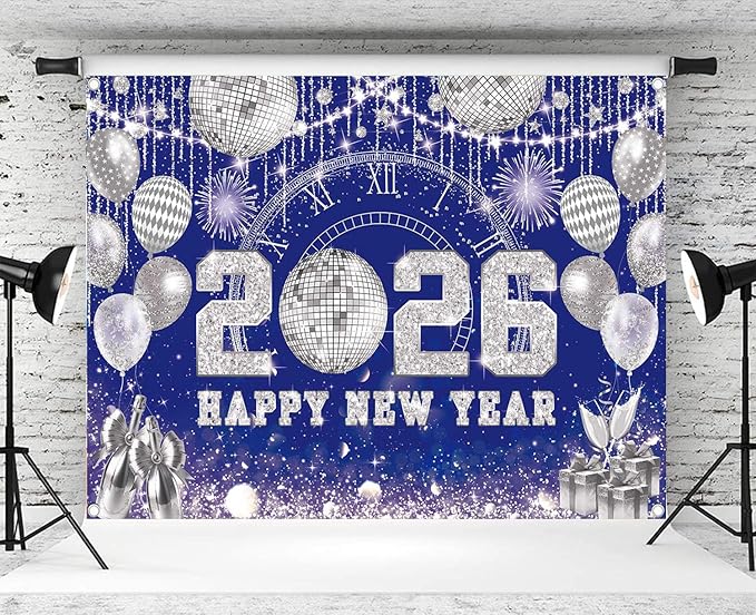 Happy New Year 2026 Black Gold Backdrop 2026 New Year Eve Countdown Photo Background Cheer to 2026 Party Decoration Banner Photo Supplies (Blue, 120x96inch (10x8FT))