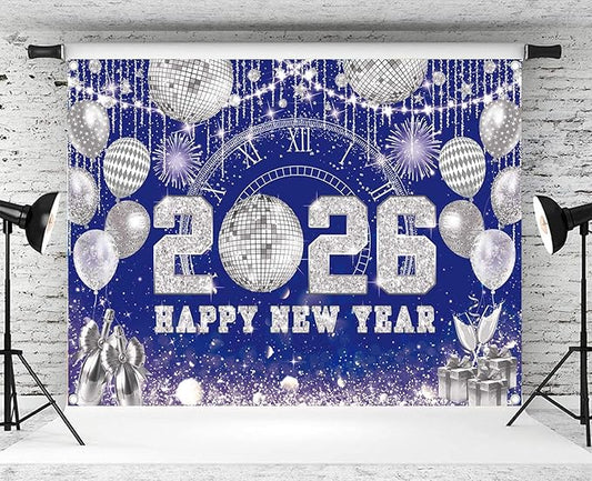 Happy New Year 2026 Black Gold Backdrop 2026 New Year Eve Countdown Photo Background Cheer to 2026 Party Decoration Banner Photo Supplies (Blue, 120x96inch (10x8FT))