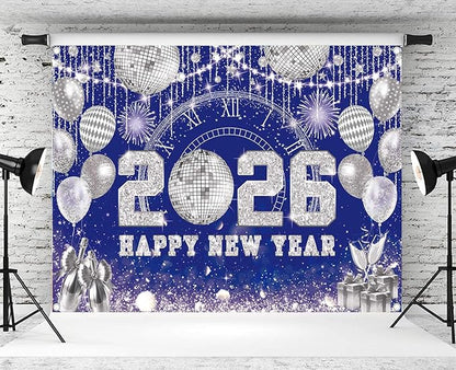 Happy New Year 2026 Black Gold Backdrop 2026 New Year Eve Countdown Photo Background Cheer to 2026 Party Decoration Banner Photo Supplies (Blue, 82x59inch (7x5FT))