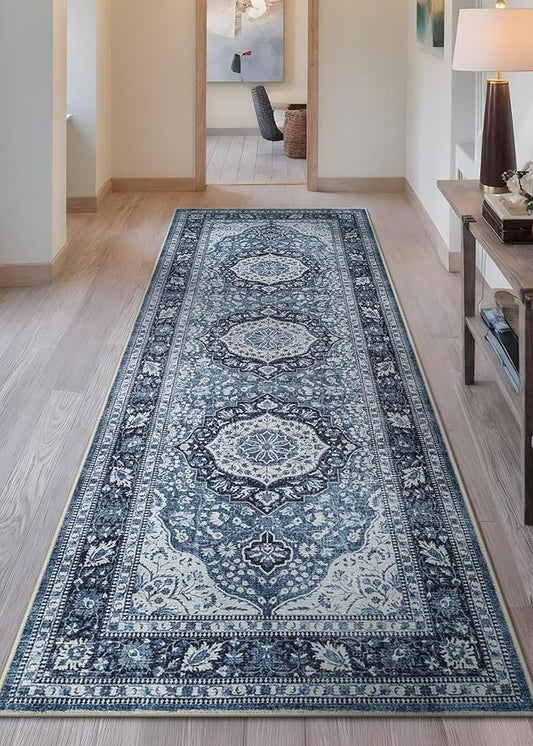 Bloom Rugs Caria Washable Non-Slip 12 ft Runner - Blue Traditional Runner for Entryway, Hallway, Bathroom, and Kitchen - Exact Size: 2'6" x 12'