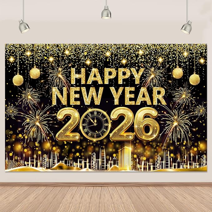 Gold 2026 Happy New Year Banner Backdrop 5.9×3.6 Ft Gold Glitter 2026 Backdrop with Clock Fireworks Sparkling Happy New Year Decorations Banner Family Party Photo Booth (Polyester) Retyshia
