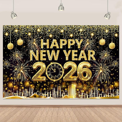 Gold 2026 Happy New Year Banner Backdrop 5.9×3.6 Ft Gold Glitter 2026 Backdrop with Clock Fireworks Sparkling Happy New Year Decorations Banner Family Party Photo Booth (Polyester) Retyshia