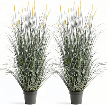 Faux 4ft 2-Pack Horsetail Reed Grass with Pink Spikes, 48in Tall Indoor Outdoor Fake Grass in Pot, Home Office Decorative Artificial Plant & Greenery, Wedding Decor Green Bristlegrass