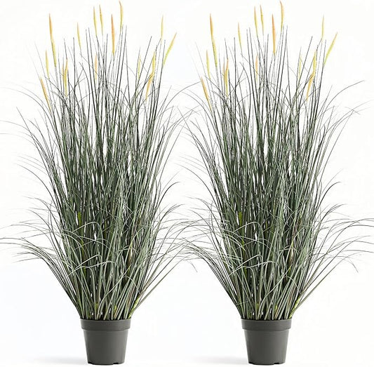 Faux 4ft 2-Pack Horsetail Reed Grass with Pink Spikes, 48in Tall Indoor Outdoor Fake Grass in Pot, Home Office Decorative Artificial Plant & Greenery, Wedding Decor Green Bristlegrass