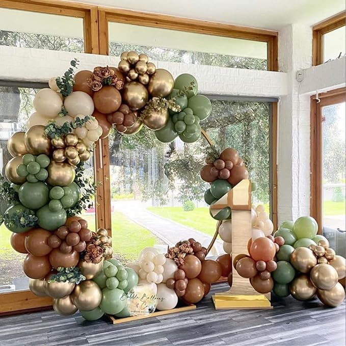 Green Gold Brown Balloon, 60 Pcs 12 Inches Olive Green Dark Brown Coffee Nude Gold Balloons for Jungle Safari Woodland Hunting Birthday Decorations