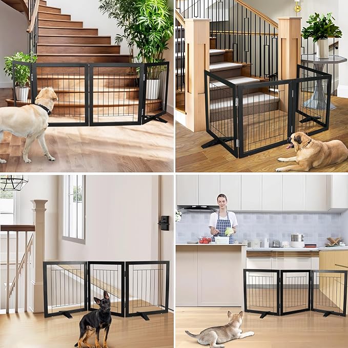 ZJSF Freestanding Dog Gate Indoor, Foldable Dog Fence for Doorways,Hallways or Stairs, Sturdy Wood Extra Wide Pet Gate with Support Feet,Black,24 "Height-4 Panels