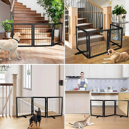ZJSF Freestanding Dog Gate Indoor, Foldable Dog Fence for Doorways,Hallways or Stairs, Sturdy Wood Extra Wide Pet Gate with Support Feet,Black,24 "Height-4 Panels