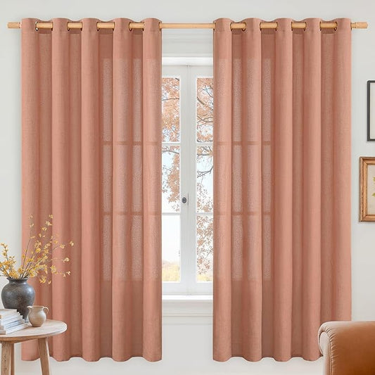 YoungsTex Terracotta Linen Curtains 63 Inch Length for Living Room, Light Filtering Semi Sheer Window Drapes with Bronze Grommet Privacy for Bedroom Farmhouse Decorative, 60 x 63 Inch, 2 Panels
