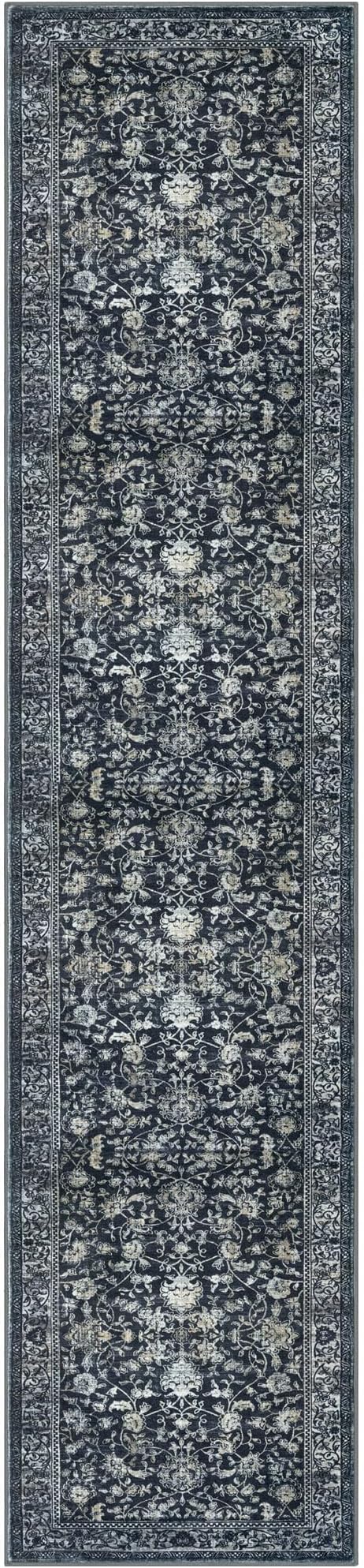 KILOCOCO Hallway Runner 2x12 Rug Runner Printed Vintage Floral Washable Non-Slip Rubber Backed Runners for Hallways Kitchen Laundry Room Entryway Bedroom, Charcoal