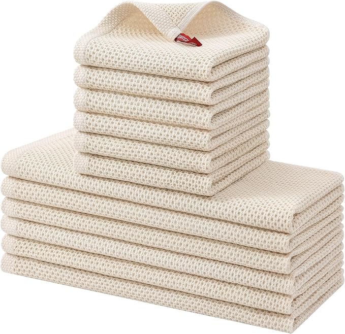 Kitinjoy 100% Cotton Kitchen Towels and Dishcloths Set, 12 Pack Waffle Weave Dish Towels Ultra Soft Absorbent Quick Drying Dish Rags, 13 x 28 Inch and 12 X 12 Inch, Beige