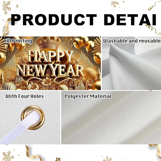 Nuxovilar Happy New Year Banner, Golden Snowflakes Glittery Backdrop for Party Decorations, 71x43 Inch