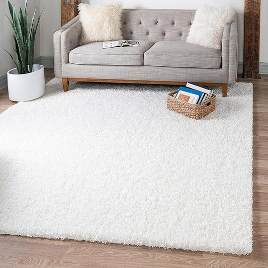 Unique Loom Solid Shag Collection Area Rug (5' 1" Square, Snow White)