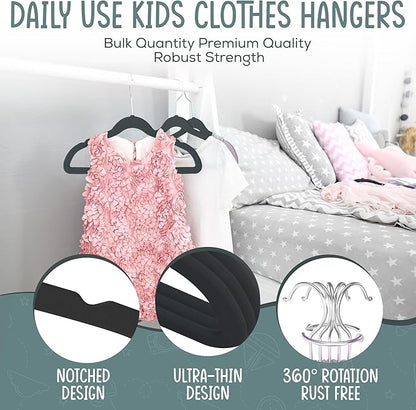 50 Premium Kids Velvet Hangers - 14" Non-Slip Clothes Hangers for Kids & Preteens - Ultra Slim, Space-Saving, Strong & Durable Hangers with 360° Swivel Hook - Black