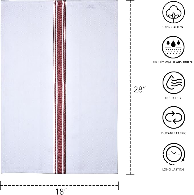 100% Cotton Kitchen Towels – Highly Absorbent and Quick-Dry Dish Towels with Hanging Loop – Large 18x28 Inches – Red (Pack of 8) | Soft, Durable and Lint-Free for Kitchen and Home Use