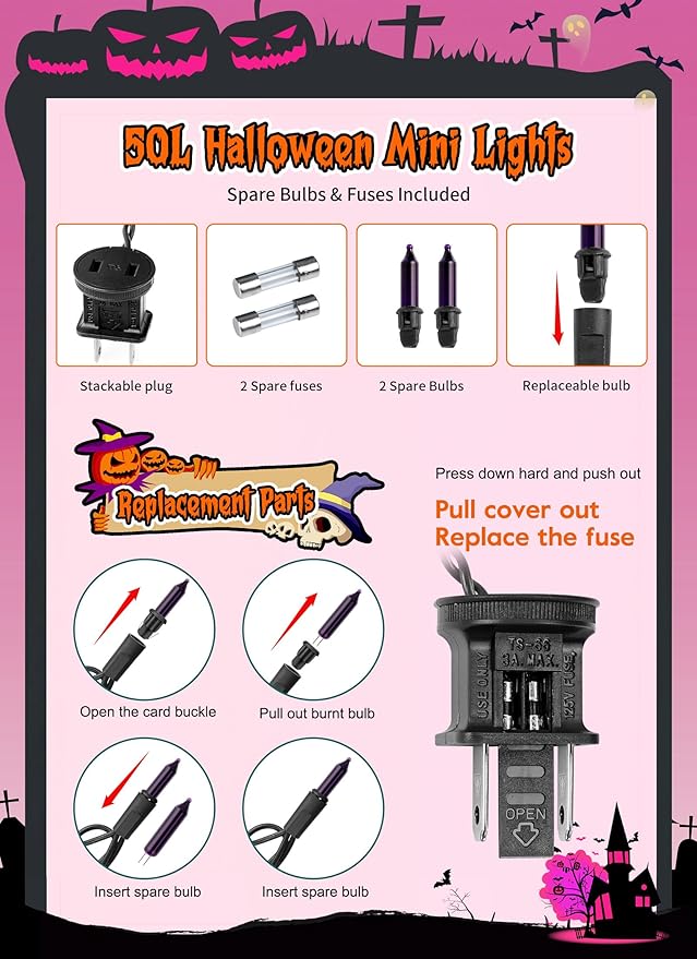2 Pack Purple Halloween Mini Lights, 13 Feet 50 Count Totally 100 Count Incandescent Bulb Mini String Lights, Connectable Halloween Light for Haunted House Ghost Party Holiday Window Indoor Decoration