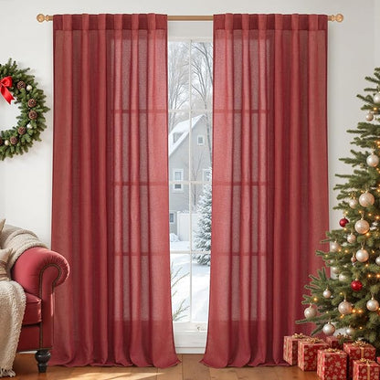 YoungsTex Burgundy Red Linen Curtains 84 Inch Length for Living Room Christmas Deocr, Light Filtering Semi Sheer Drapes with Rod Pocket Back Tab for Bedroom Dining, 2 Panels, 52 X 84 Inch