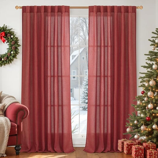 YoungsTex Burgundy Red Linen Curtains 84 Inch Length for Living Room Christmas Deocr, Light Filtering Semi Sheer Drapes with Rod Pocket Back Tab for Bedroom Dining, 2 Panels, 52 X 84 Inch